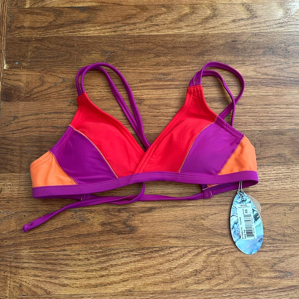 Prana Women's Orange Purple Colorblock Strappy Kalia Swimwear Bikini Top XS New